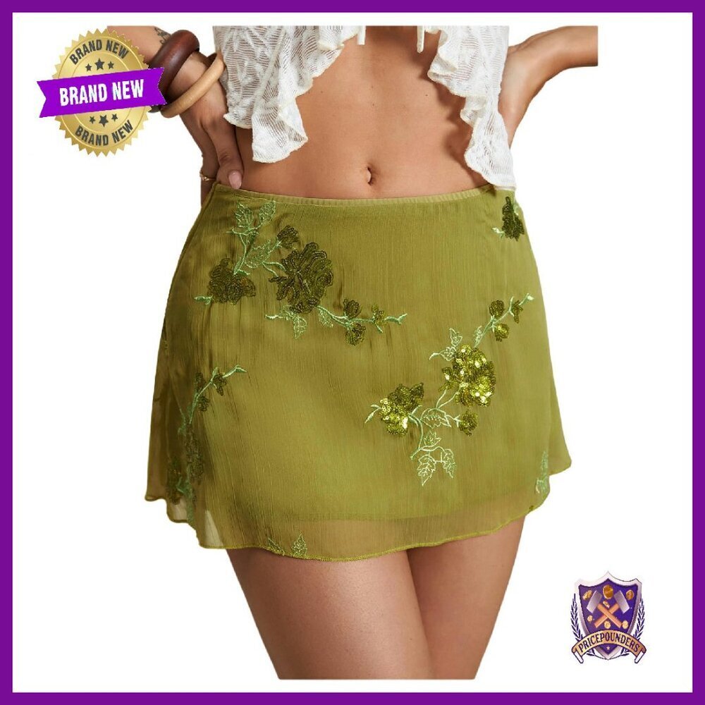 Sequin Mini Skirt Y2K Sparkly Beaded Floral Embroidery Party Wear